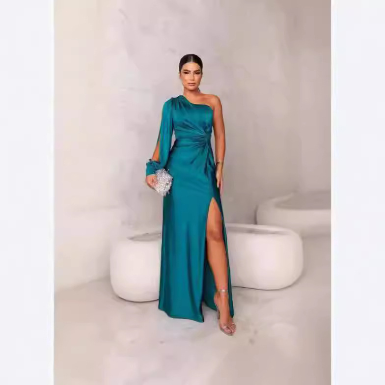 2024 summer new European and American Amazon cross-border women's clothing oblique collar raglan sleeves pleated waist slit sexy long skirt - Image 2