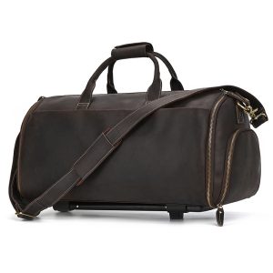 Crazy Horse Leather Roller Bag, 22-inch Suit Bag, Genuine Leather Large Capacity Luggage Bag with Shoe Compartment, Cowhide Handbag for Men
