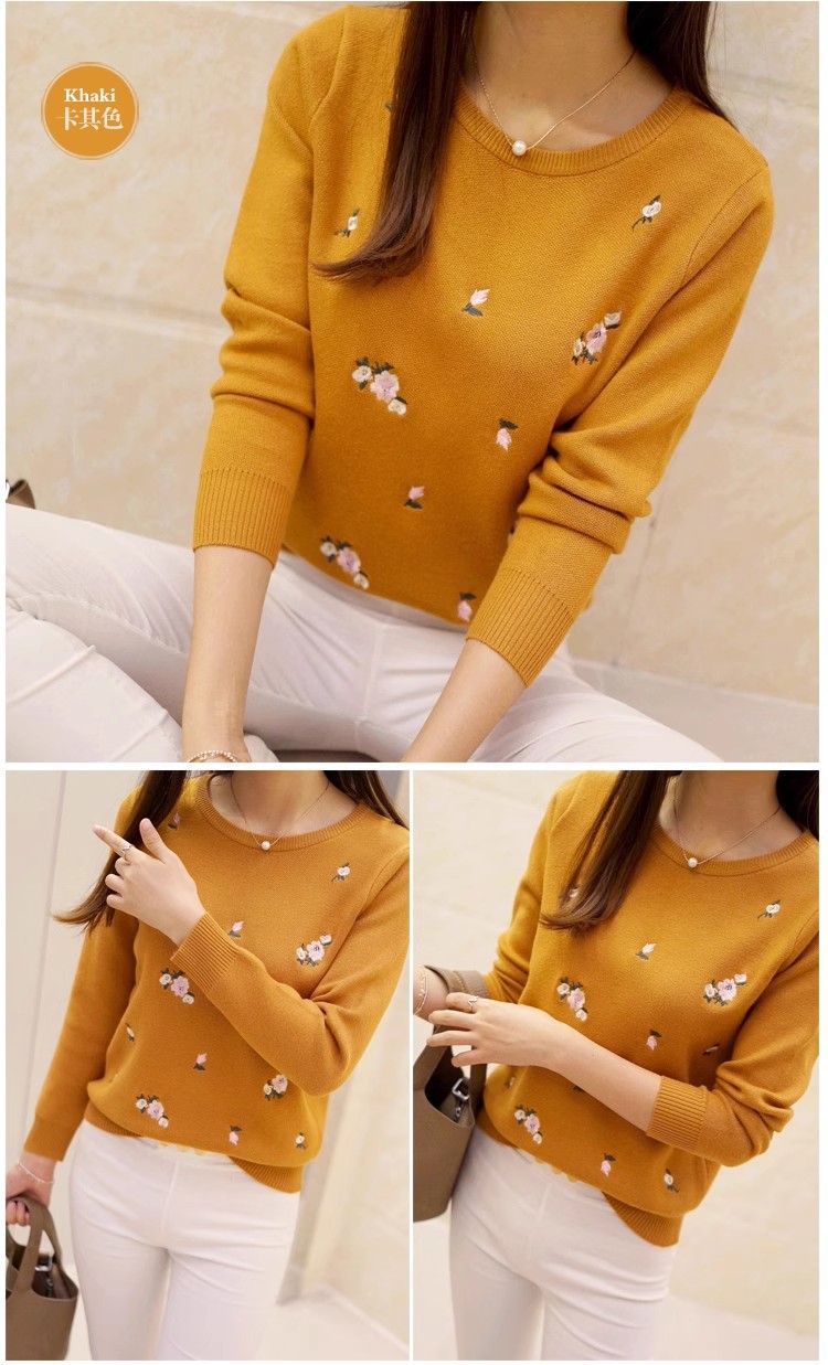 New Autumn Korean Style Slim Fit Plum Blossom Embroidered Round Neck Knitted Sweater Long Sleeve Women's Pullover Sweater for Autumn and Winter - Image 9