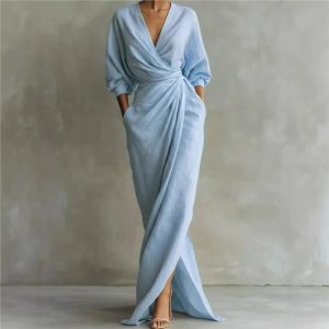 2026 New European and American Style Elegant Solid Color V-Neck Long Sleeve Slit Waist Fitted Pocket Long Dress (Amazon Independent Store)
