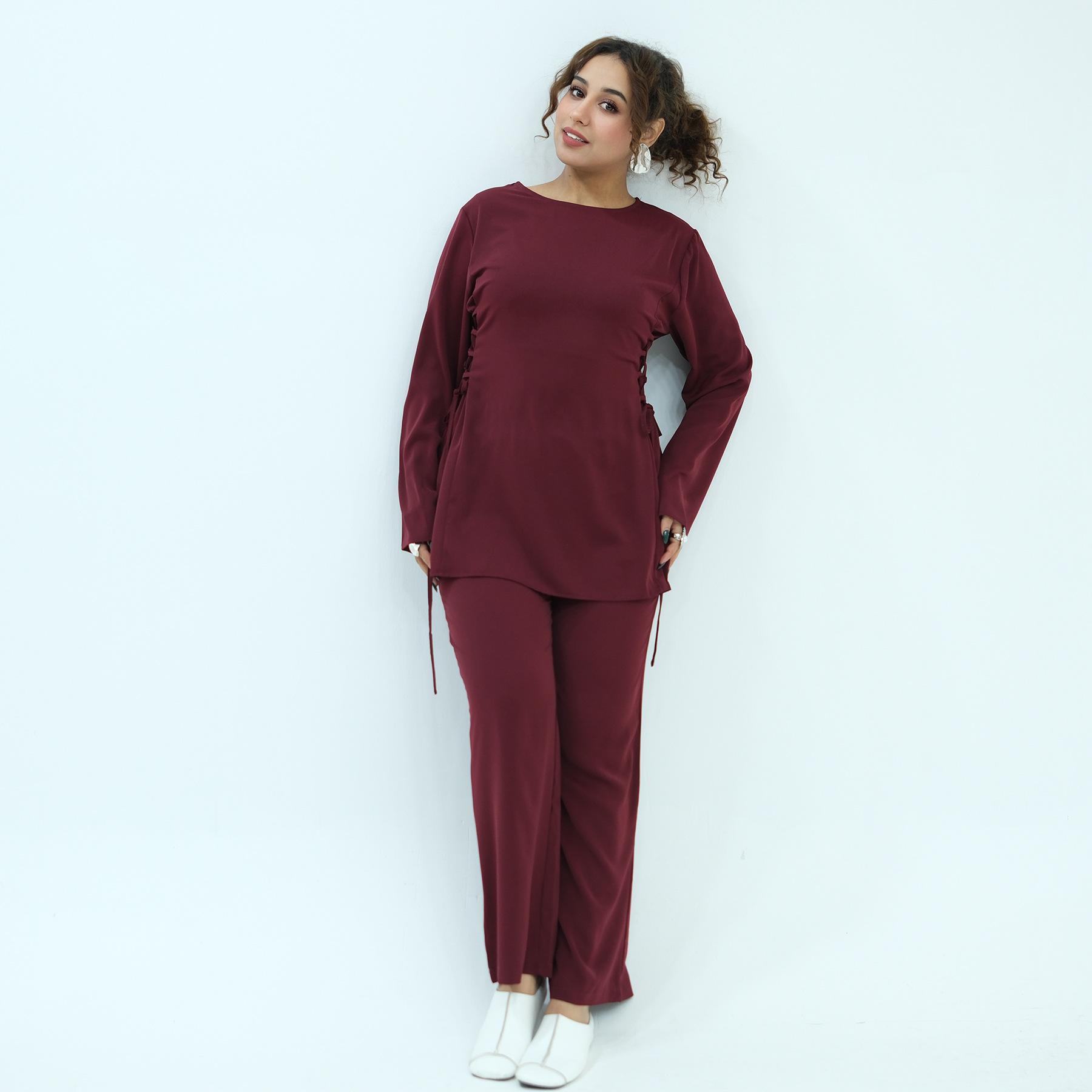 Ai Yirui's real-shot product, cross-border solid color waist-cinching two-piece set 1090 - Image 2