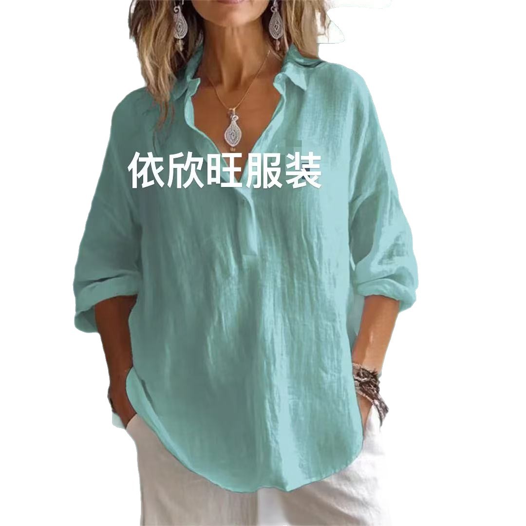 2025 Spring/Summer European and American Style Solid Color Casual Loose Long-Sleeved Linen V-Neck Shirt, Amazon Shirt for Women - Image 8