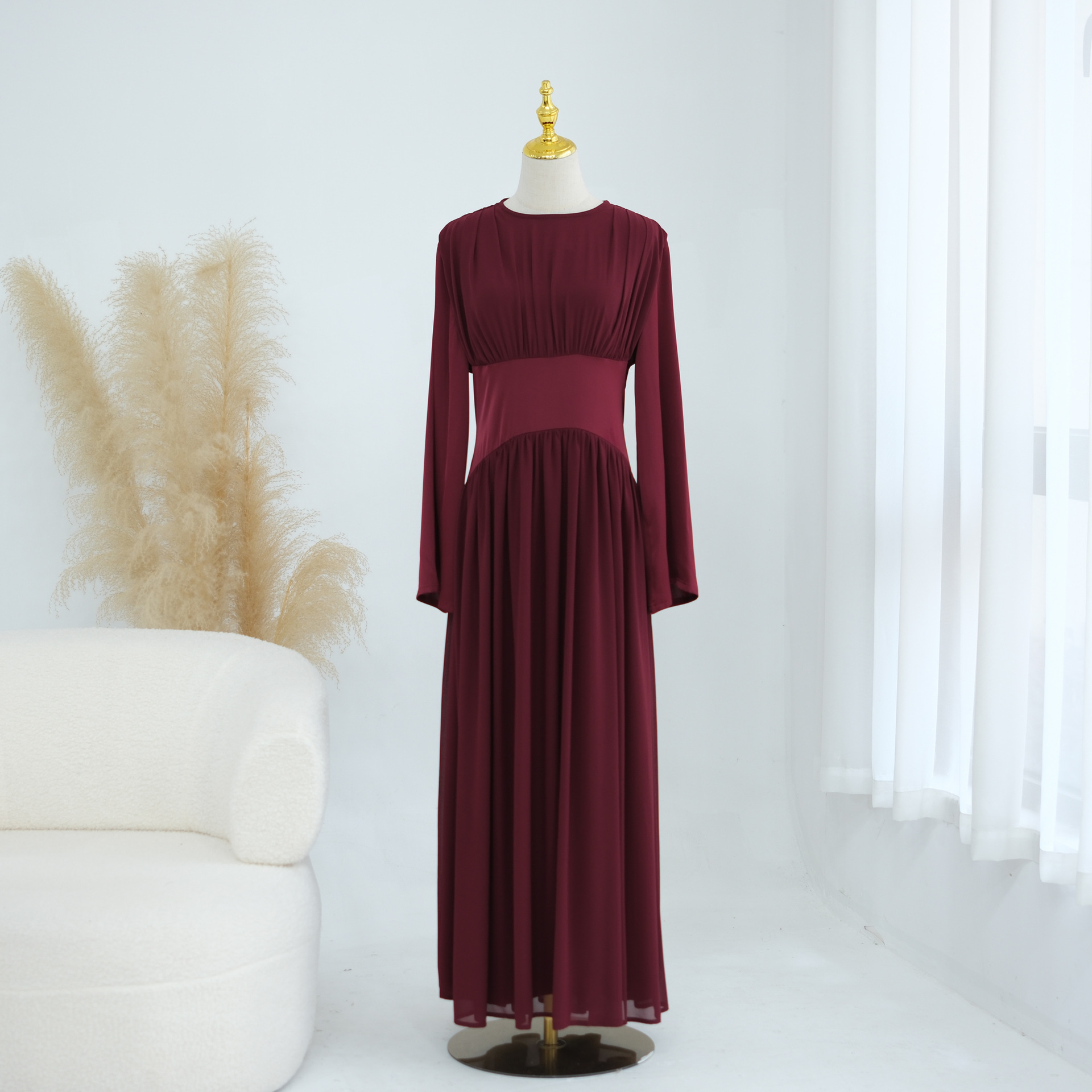 2026 Loriya Elegant Solid Color Long-Sleeved High-Quality Double-Layer Fitted Waist Dress LR1330 - Image 8