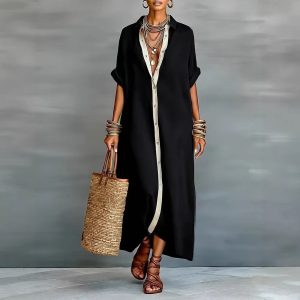 2026 European and American Spring New Arrival Amazon Spring Cross-border Women's Color Block Cotton Linen Shirt Dress