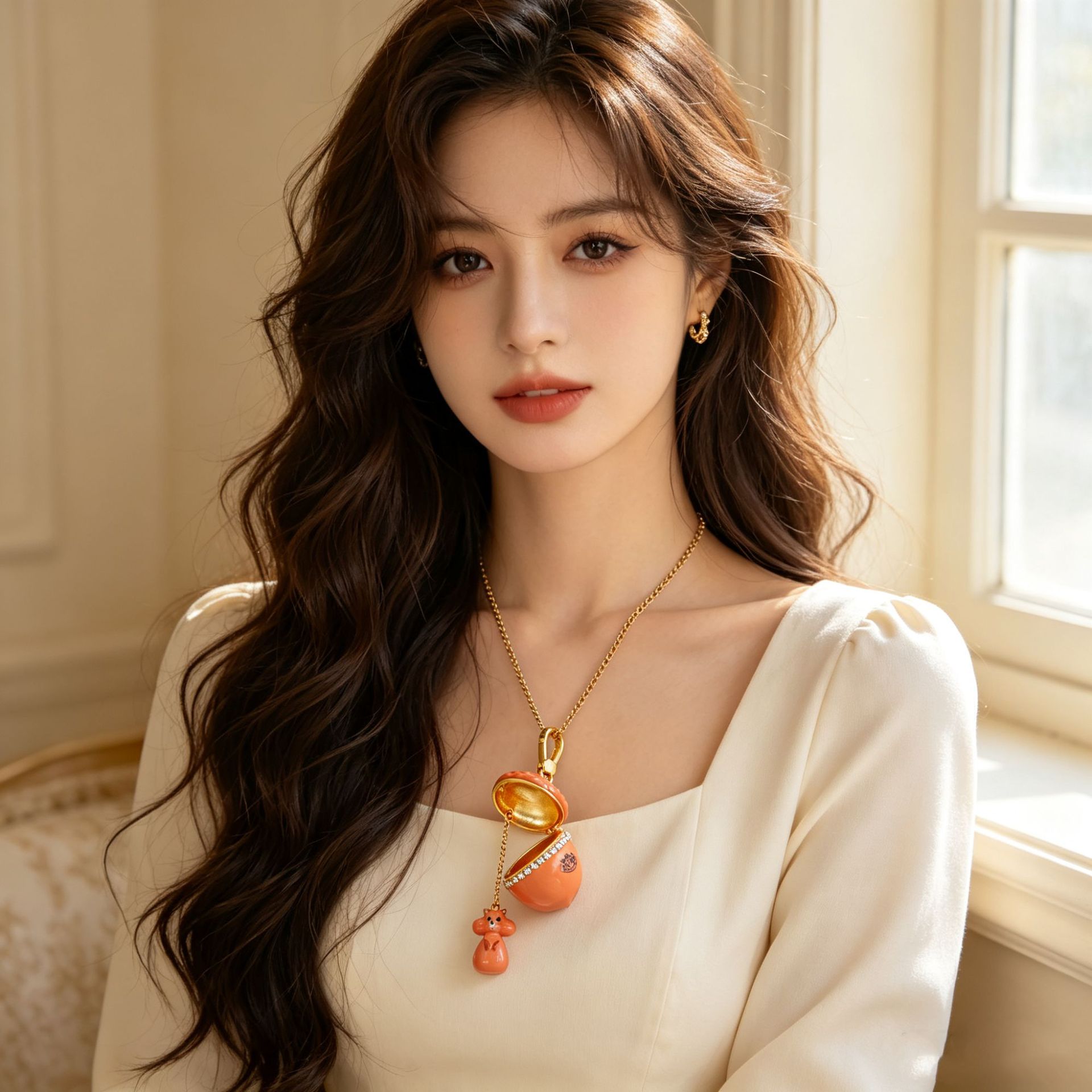 Original 3D diamond-encrusted enamel orange nut pendant design with openable squirrel and acorn clavicle chain - Image 5