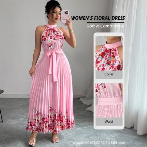 European and American cross-border women's clothing 2025 new fashion printed pleated long dress