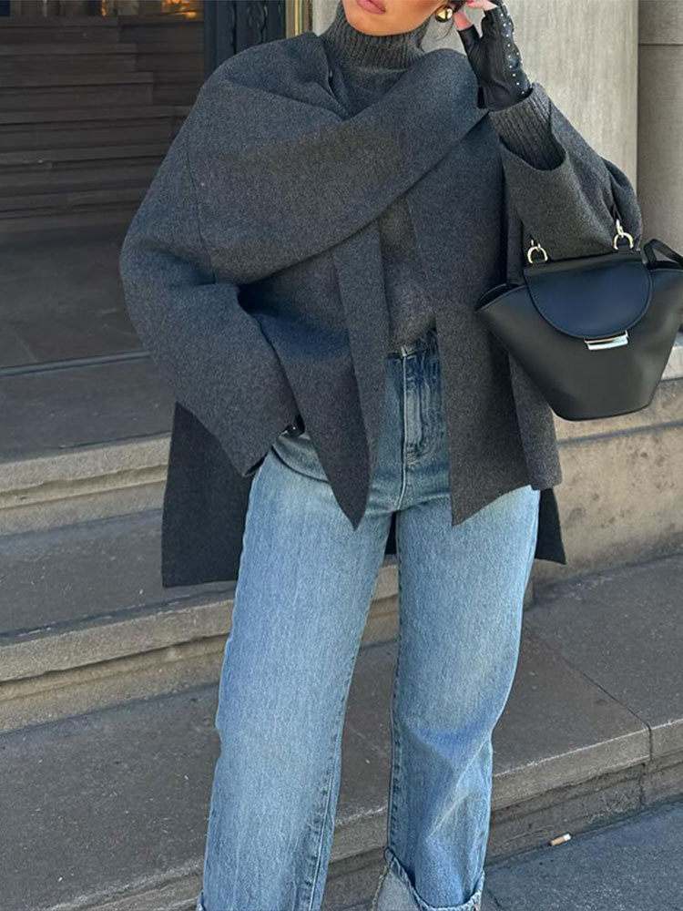 Knitted short long-sleeved coat, European and American cross-border autumn and winter lazy loose shawl cape scarf cardigan - Image 8