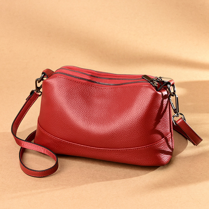Messenger bag soft leather multi-layer zipper women's bag light luxury simple shoulder messenger bag first layer cowhide large capacity pillow bag - Image 3