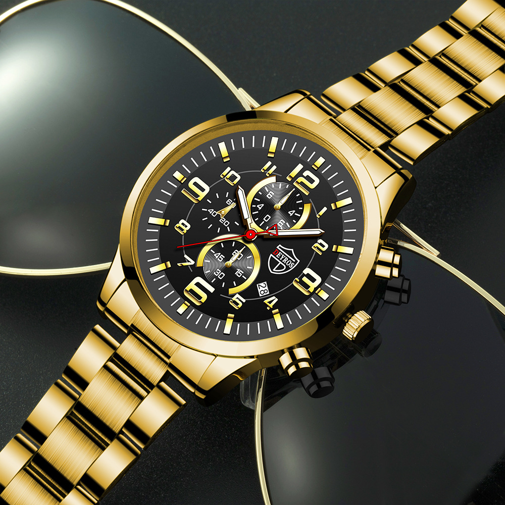 DEYROS Gold Watch Big Dial Men's Watch Middle East Explosive Luminous Calendar Steel Band Men's Watch - Image 8