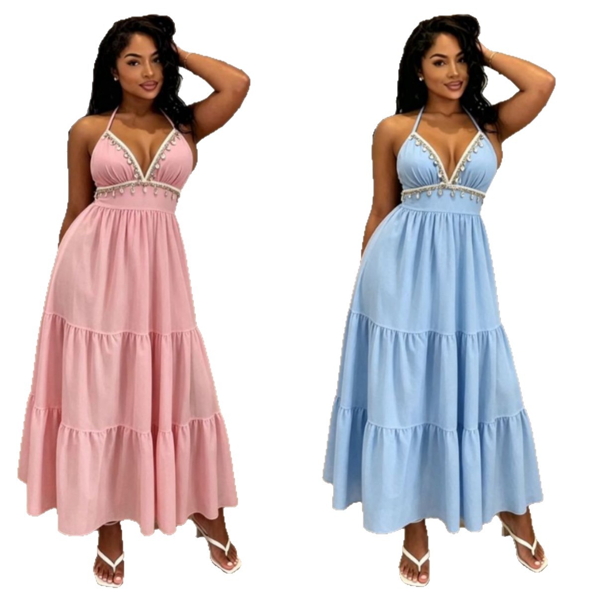 European and American style new cross-border resort-style V-neck halter neck tie dress with shell tassels, solid color fashionable long dress - Image 5