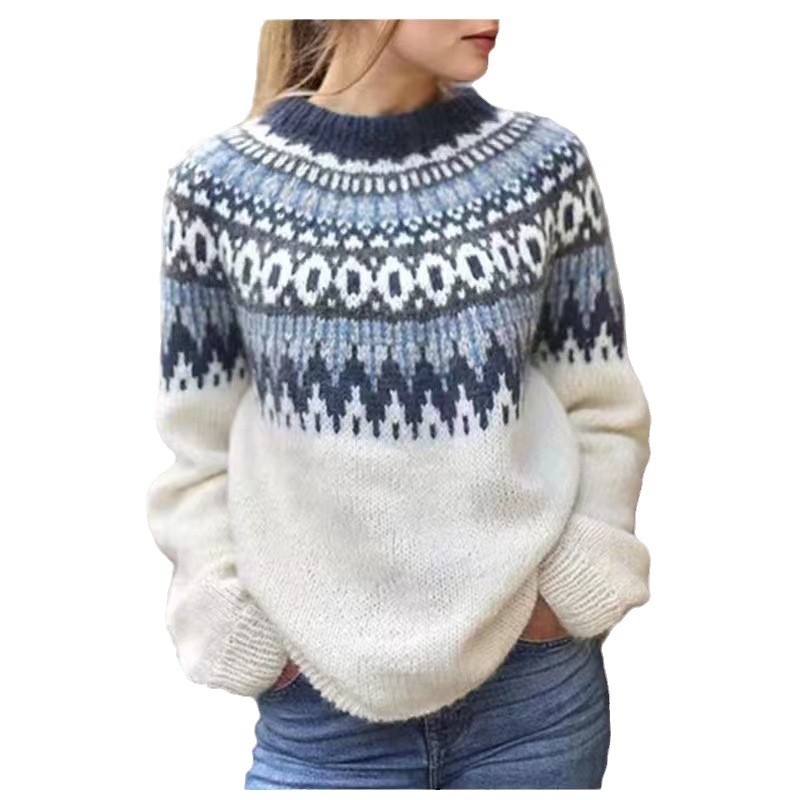 Amazon European and American new sweater women's wish hot sale round neck color matching loose fashion pullover sweater - Image 5