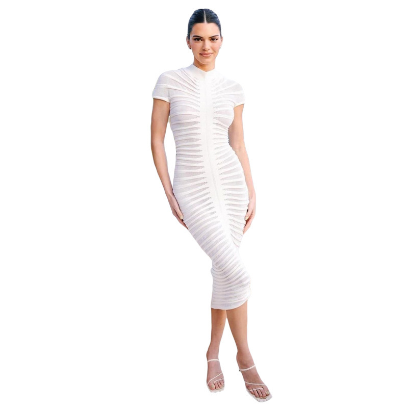 European and American style 2023 autumn new women's fashion short-sleeved round neck slim hip-wrapped temperament design dress female - Image 7