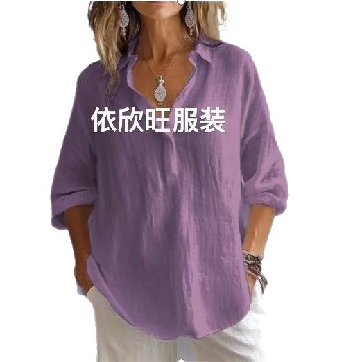 2025 Spring/Summer European and American Style Solid Color Casual Loose Long-Sleeved Linen V-Neck Shirt, Amazon Shirt for Women - Image 19