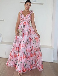 New European and American cross-border trade fashion printed back tie dress, waist-revealing lace-up slim-fitting elegant long dress - Image 7