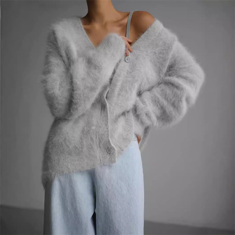 2025 Cross-border European and American Foreign Trade Faux Mink Fur Knitted Cardigan Women's Lazy Style Loose Soft V-neck Sweater Coat - Image 2