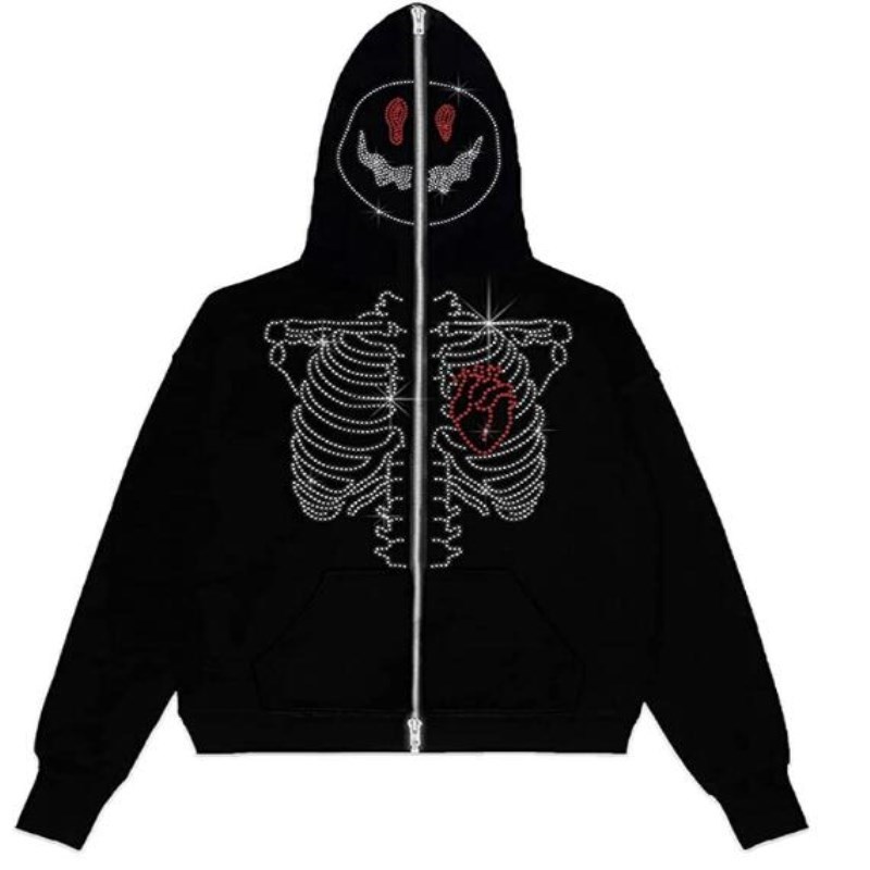 2022 AliExpress New Ladies Street Hoodie Skull Rhinestone Zipper Hooded Hoodie - Image 25