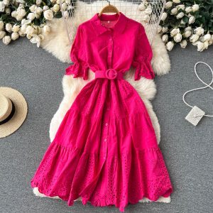 Light Luxury Minority Hollow Embroidered Dress Women's Summer 2022 New Tight Waist Slimming Puff Sleeve Shirt Midi Dress