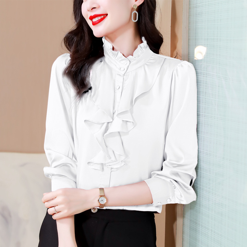Green 1803 intellectual and generous temperament imitation silk shirt female long sleeve solid color lace collar palace style mulberry silk shirt - Image 9