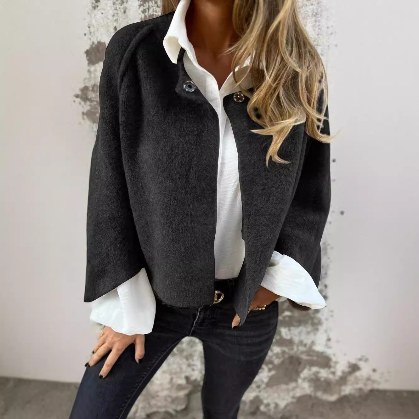 2024 Independent Station Foreign Trade AliExpress_Autumn and Winter Loose Short Cashmere Long Sleeve Jacket - Image 2