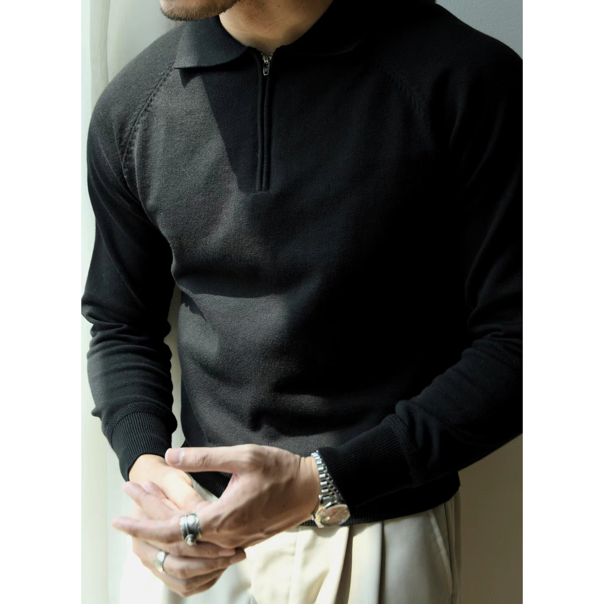 2023 Autumn and Winter Half-High Zipper Knitted Long-Sleeved Polo Shirt American Retro Business Casual Commuting T-shirt Linear Men's - Image 2