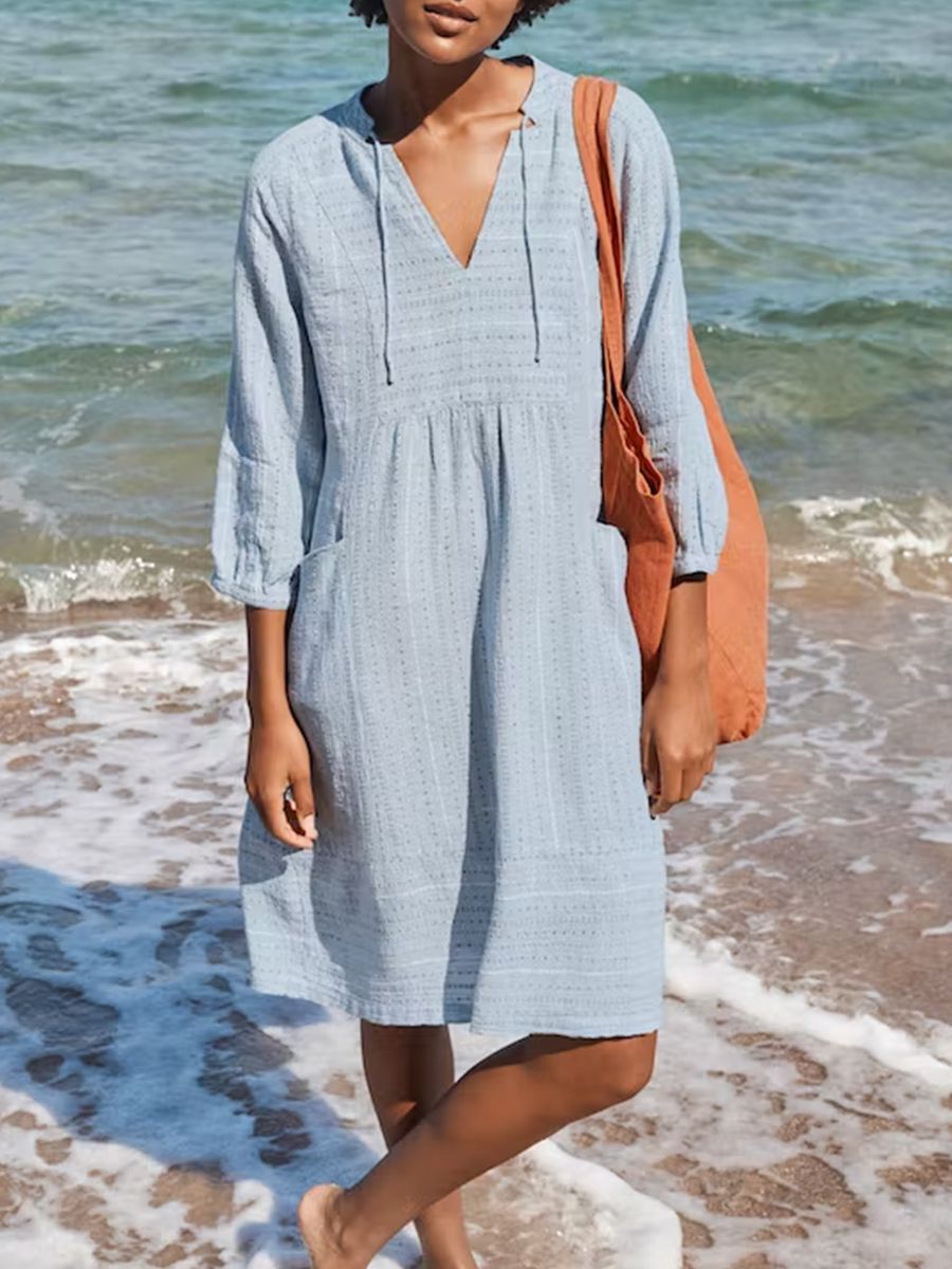 2023 Spring European and American New Jacquard Cotton and Linen Dress Amazon Hot Item V-neck Casual Loose Pocket Dress - Image 5