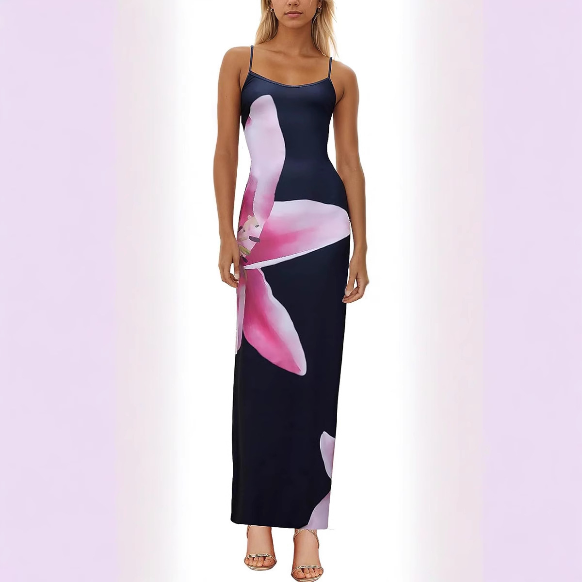 2025 autumn new elegant temperament tight low-cut contrast color rose print design one-step suspender dress