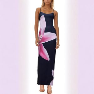 2025 autumn new elegant temperament tight low-cut contrast color rose print design one-step suspender dress