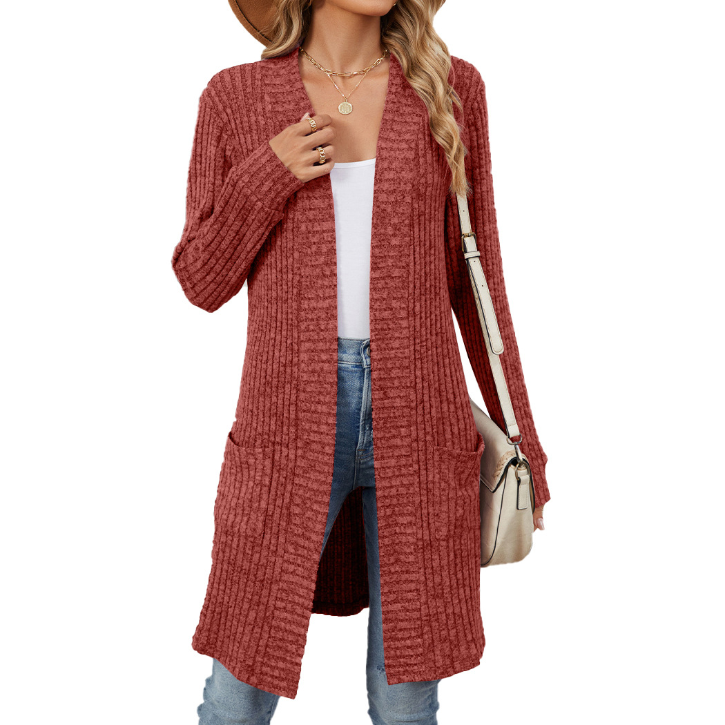 Amazon 2025 European and American Cross-border Foreign Trade Autumn and Winter Long Solid Color Long Sleeve Loose Pocket Cardigan Coat Women's Clothing - Image 2