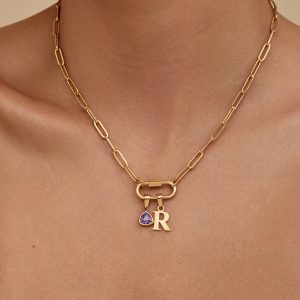 18K Stainless Steel Birthday Stone Letter Self-Selection Carabiner Paperclip Necklace with European and American Style Ring Chain Pendant