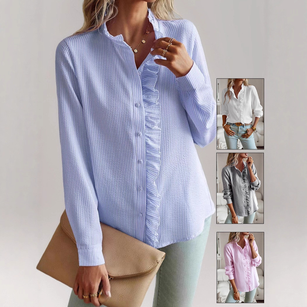 2025 New European and American Style Cross-border Stand Collar Autumn Ruffled Trim Cardigan Long Sleeve Bubble Top Women's Shirt