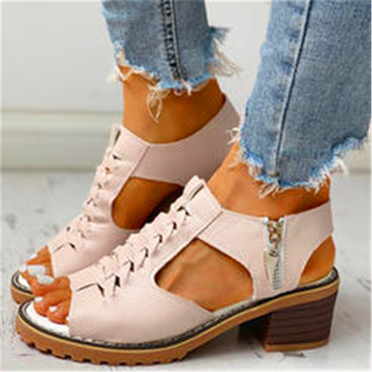 2024 summer new women's shoes Korean style thick heel sandals side zipper casual wedge heel solid color thick heel large size sandals for women - Image 4