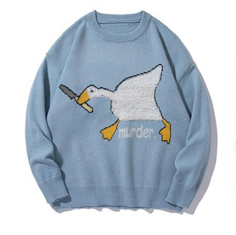 Couple wear sweater men and women lazy wind autumn and winter cartoon white swan sweater students loose clothes outside the tide - Image 3