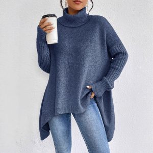European and American cross-border autumn and winter loose fashion casual drop shoulder high neck chunky knit sweater