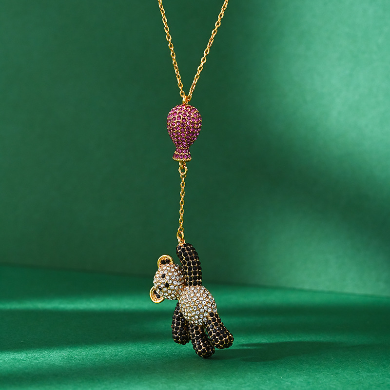 High-end design pink rhinestone balloon tassel bear necklace, cute and elegant animal series panda clavicle chain - Image 4