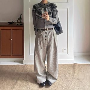 High-quality houndstooth pattern composite pleated button A-line straight wide-leg trousers for men, old-fashioned style, cleanfit casual pants.