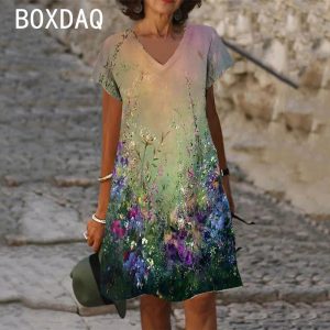 Women's V-Neck Floral A-Line Beach Dress
