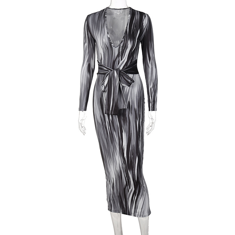 French hot-selling 2022 spring new feminine temperament personality printing long-sleeved V-neck dress cross-border wholesale - Image 6