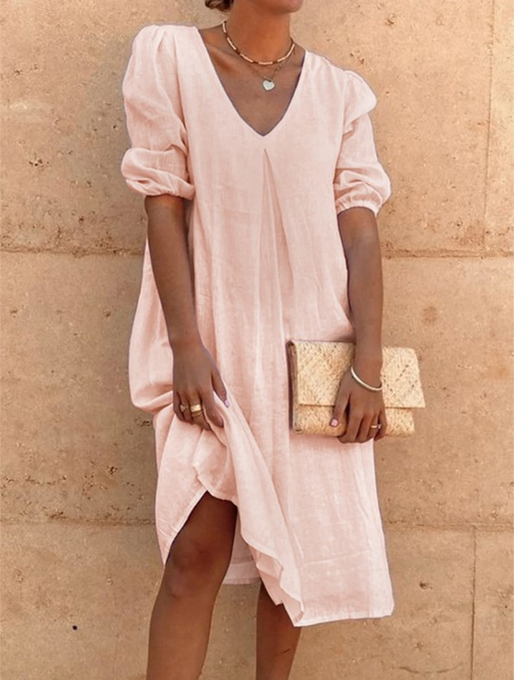 2024 Amazon Wish Cotton Linen Solid Color Mid-Length Sleeve Casual Mid-Length Dress, Elegant Commuter Style, Full Swing - Image 7