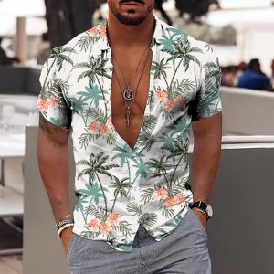 Cross-border foreign trade 2023 men's Hawaiian short-sleeved shirt men's lapel shirt holiday casual T-shirt