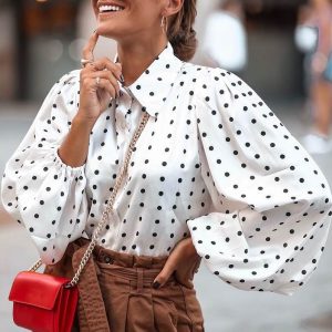 European and American style collared polka dot loose lantern sleeve chiffon blouse women's long sleeve shirt