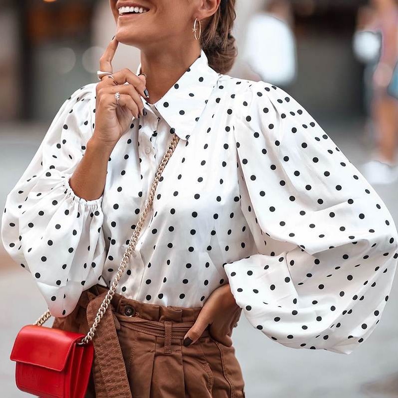 European and American style collared polka dot loose lantern sleeve chiffon blouse women's long sleeve shirt