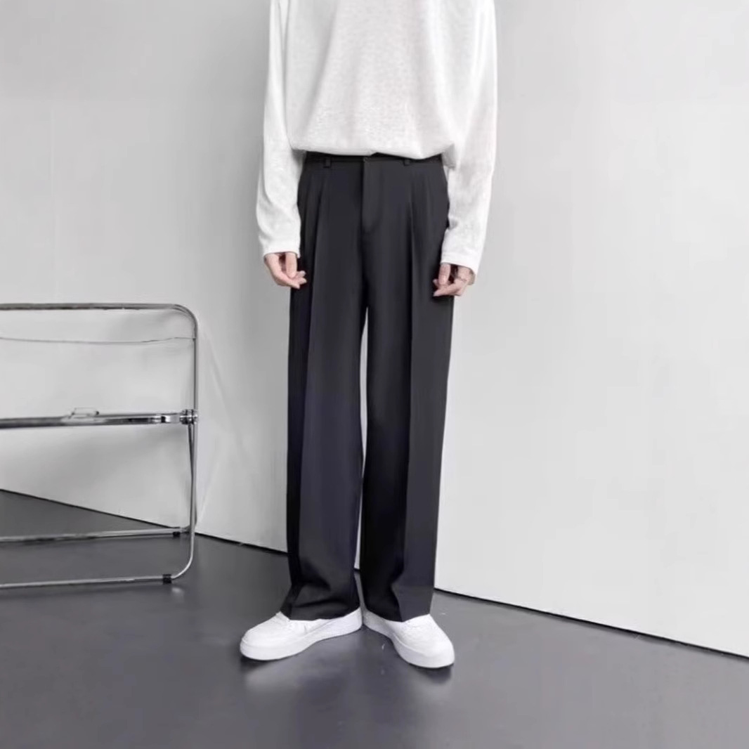 American-style white men's suit pants, high-end look, loose-fitting straight leg, floor-length, casual and versatile, trendy suit pants. - Image 5