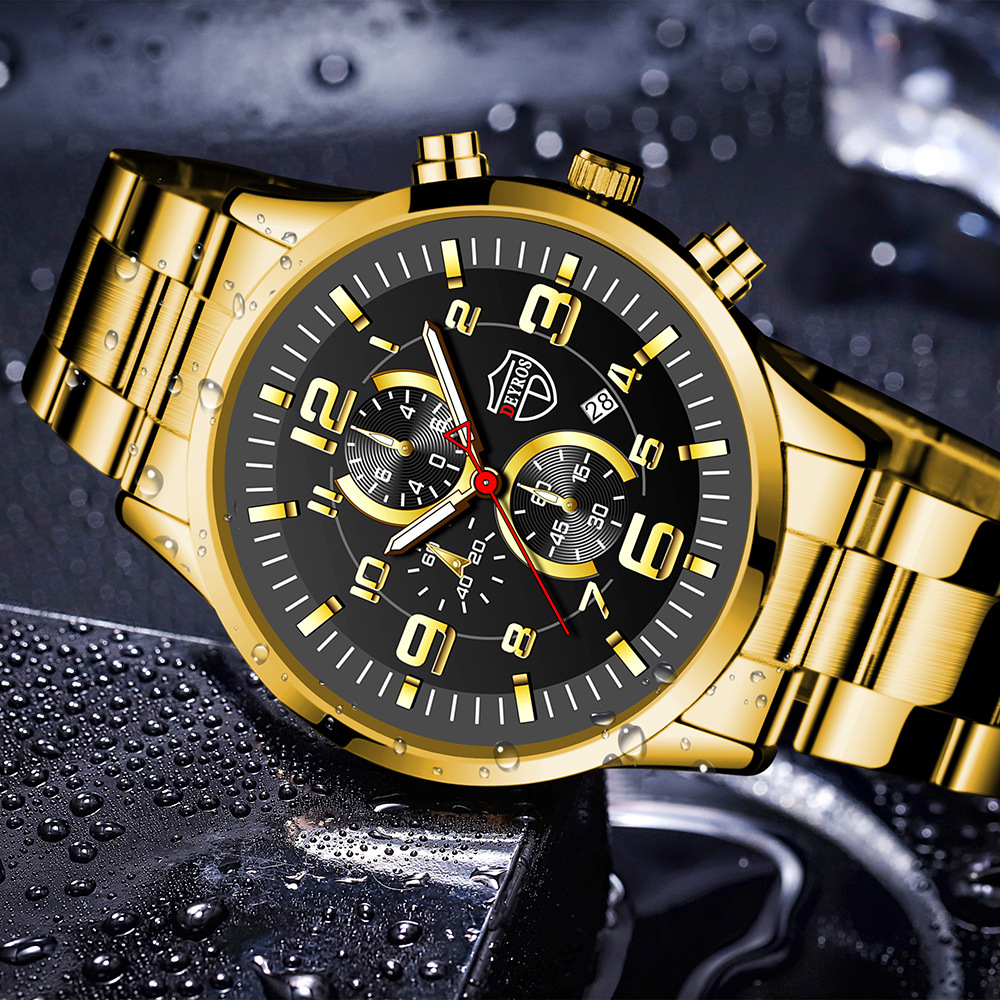 DEYROS Gold Watch Big Dial Men's Watch Middle East Explosive Luminous Calendar Steel Band Men's Watch - Image 9