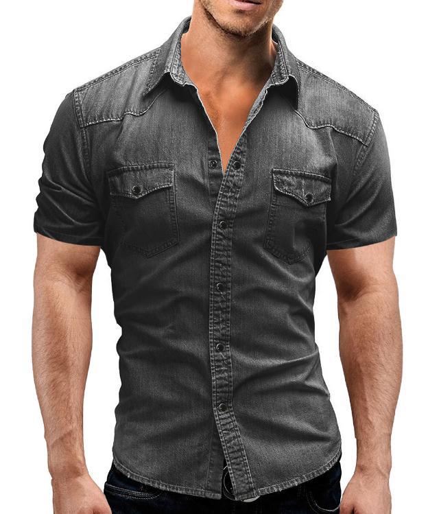 Hong Kong trendy brand 2023 summer new casual solid color men's denim short-sleeved shirt casual large size designer style - Image 9