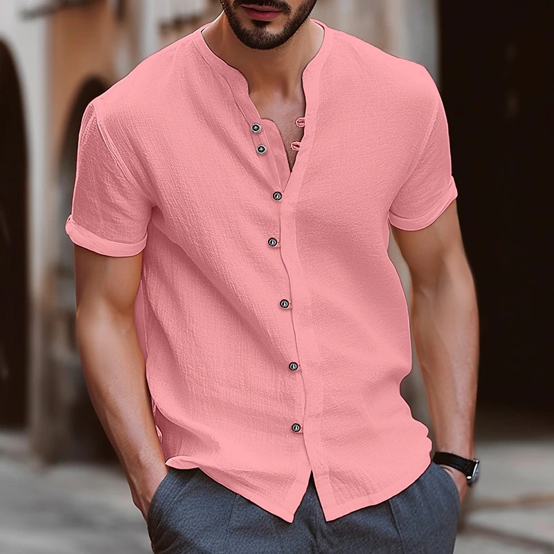 Cross-border Amazon eBay hot selling Hawaii new fashion men's retro button cotton and linen casual short-sleeved shirt - Image 2