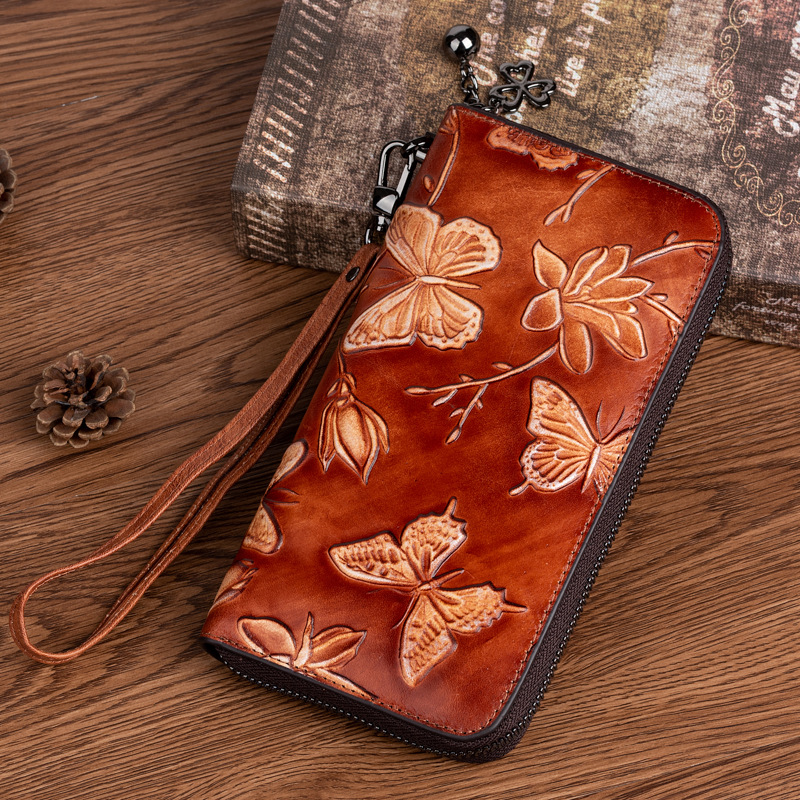 2025 new top layer cowhide handbag women's Chinese style embossed rubbed color long wallet fashion retro clutch bag - Image 3