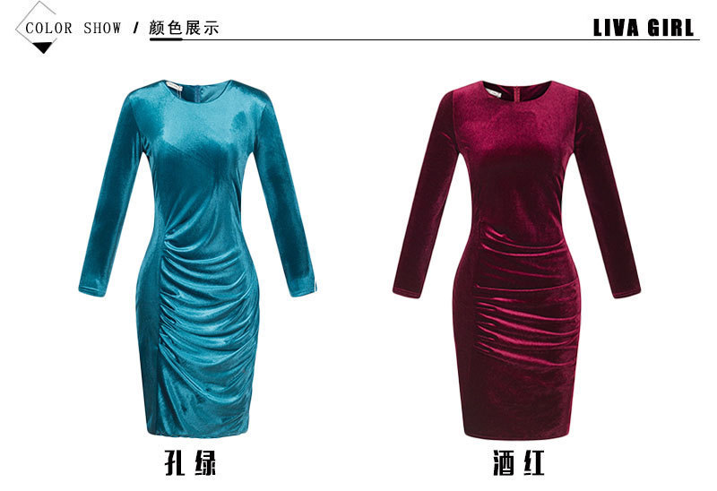 2023 ebay AliExpress European and American Foreign Trade Best Selling Korean Velvet Slim Long-sleeved Gold Silk Velvet Hip Dress - Image 15