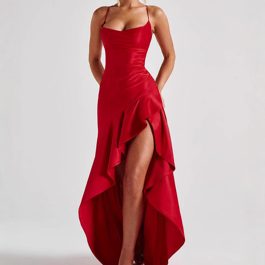 2025 European and American Cross-Border Foreign Trade Summer Hot Selling Sexy Women's Suspender Backless Ruffle Irregular Dress