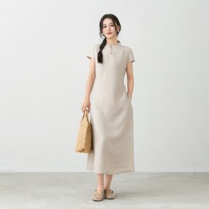 Short-Sleeve Linen Maxi Dress