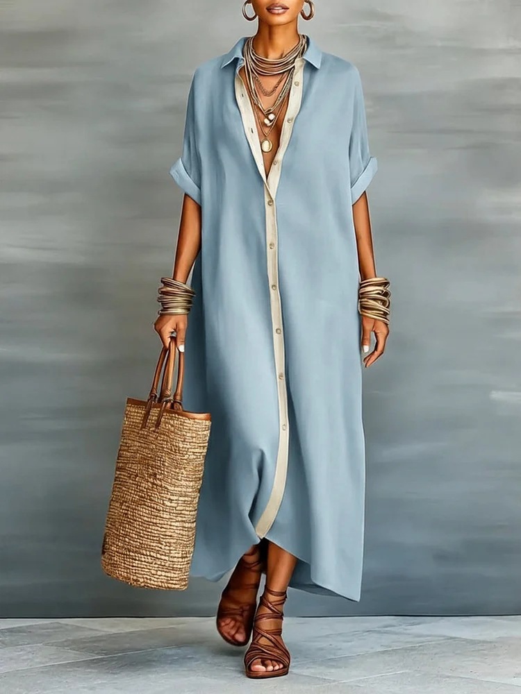 2026 European and American Spring New Arrival Amazon Spring Cross-border Women's Color Block Cotton Linen Shirt Dress - Image 6